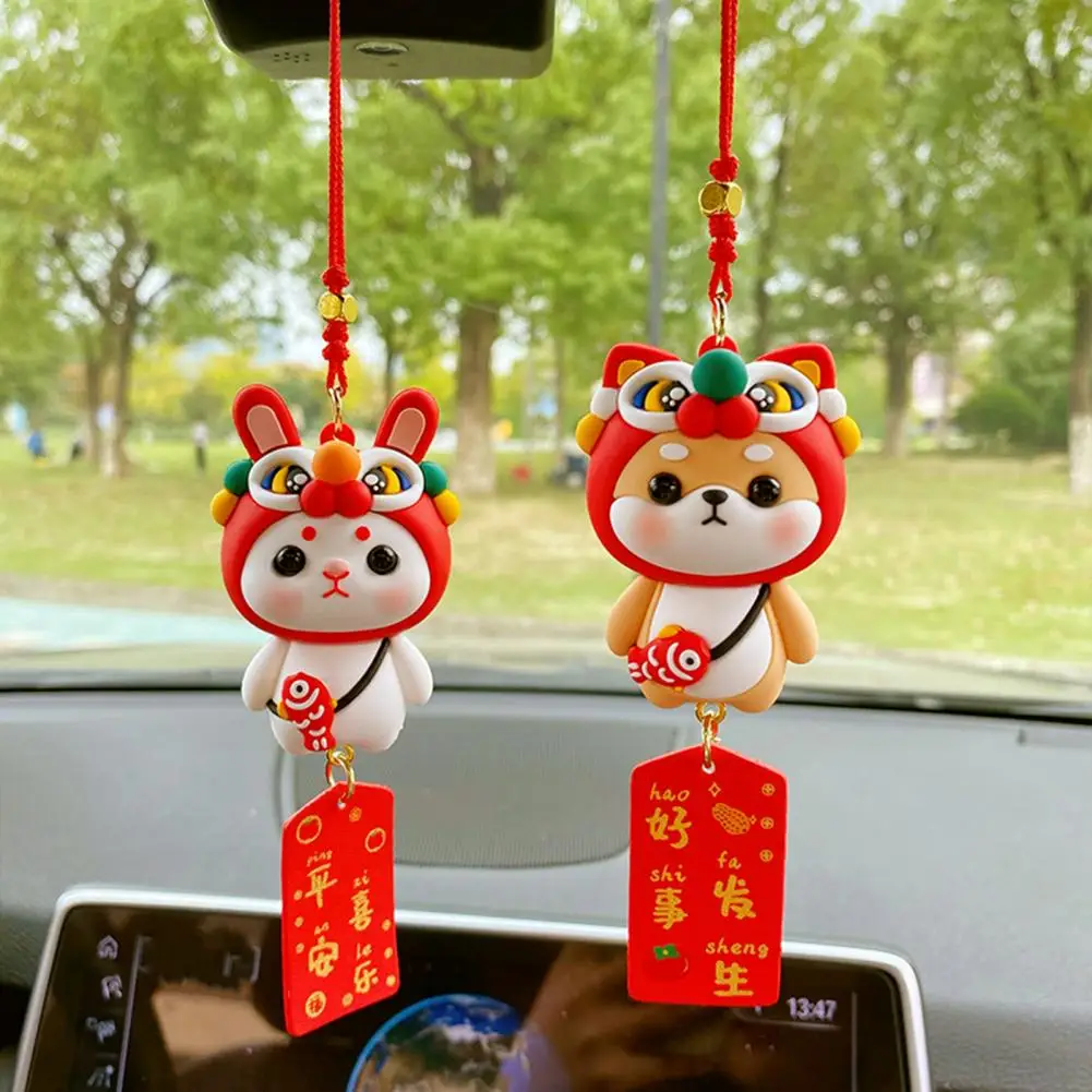 Car Pendant with Beads Safety Plaque Chinese Style Lanyard Car Rearview Mirror Dog Bunny Ornament Vehicle Accessories