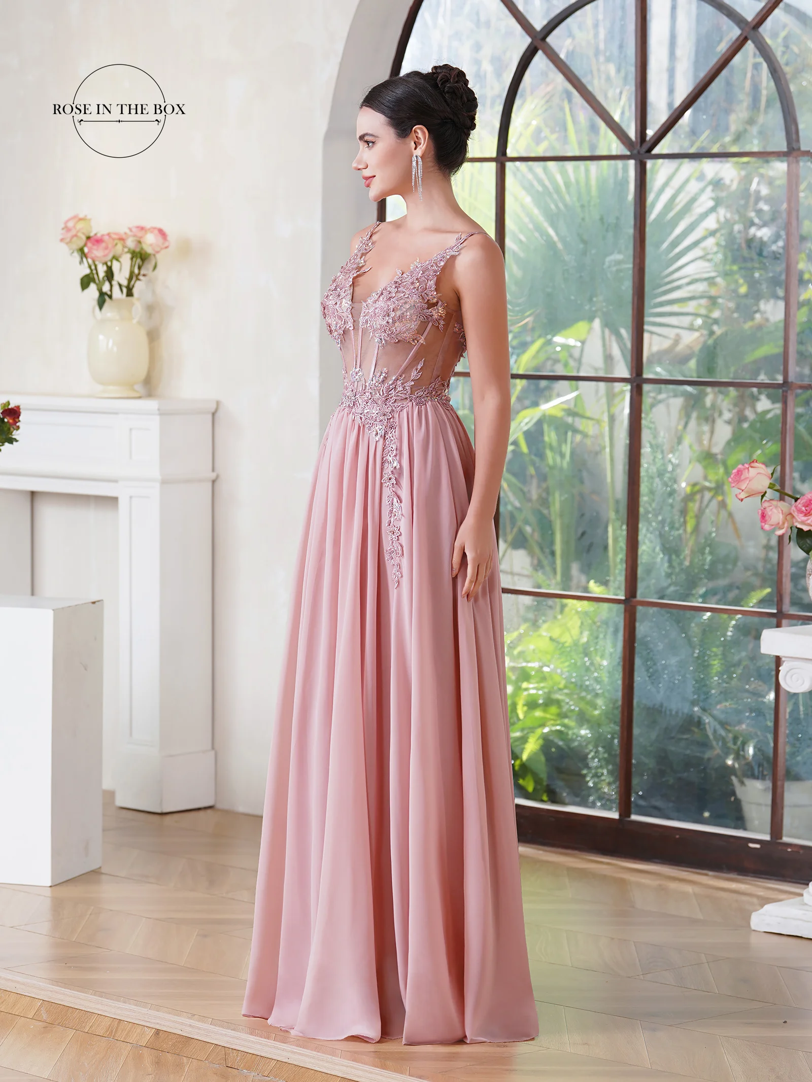 Dusty Pink Chiffon Prom Dresses Elegant Applique Spaghetti Straps Fish Bone Illusion Evening Formal Party Gown Vestido De Fiesta