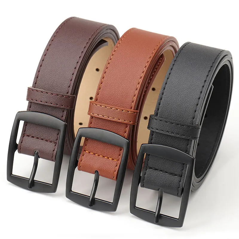 1spc European and American Casual Square Buckle Imitation Leather Belt, Men's and Women's Versatile Jeans Belt, Fashionable and