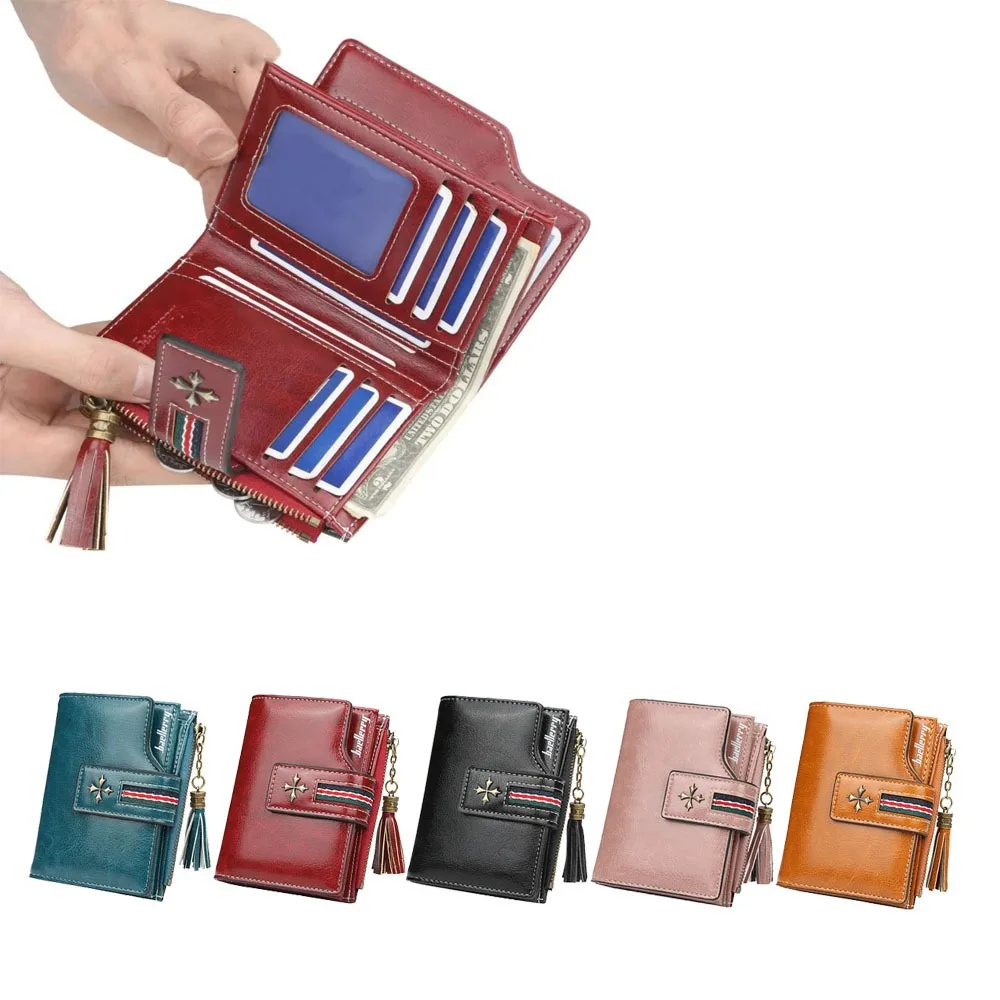 

Fashion Retro Oil Wax Leather Wallet Luxury Multiple Card Slots Card Wallet with Tassels Casual Short Wallet