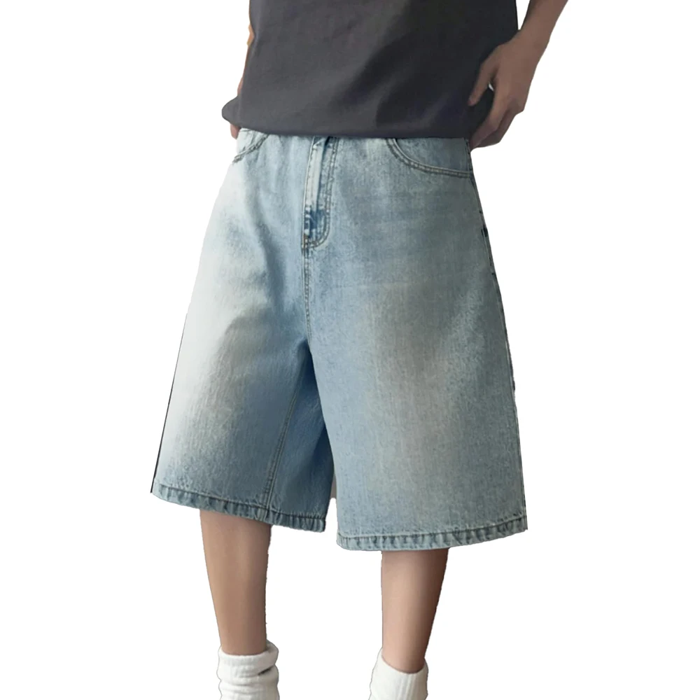 OEM Premium Fabric Mens Baggy Jean Shorts Loose Fit Vintage Wide Leg Jorts Y2K Streetwear Hip Hop Casual Denim Shorts
