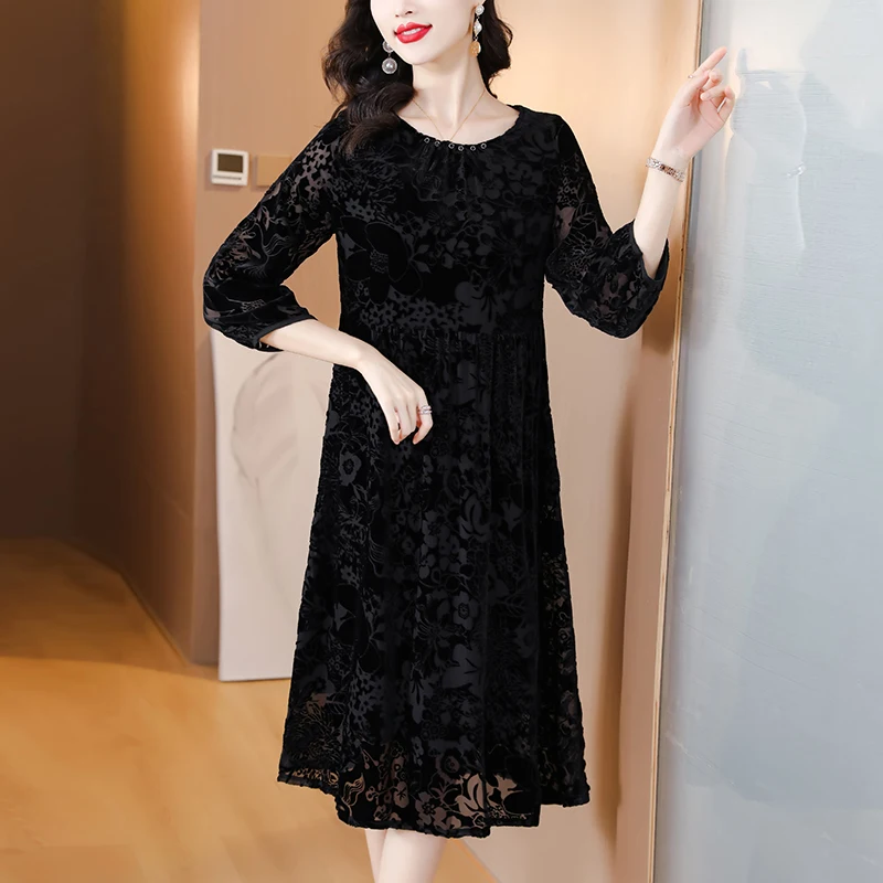 Robe mi-longue à fleurs noires pour femmes, style Boho, manches longues, nouvelle collection printemps été 2024, mode coréenne, robe de soirée élégante