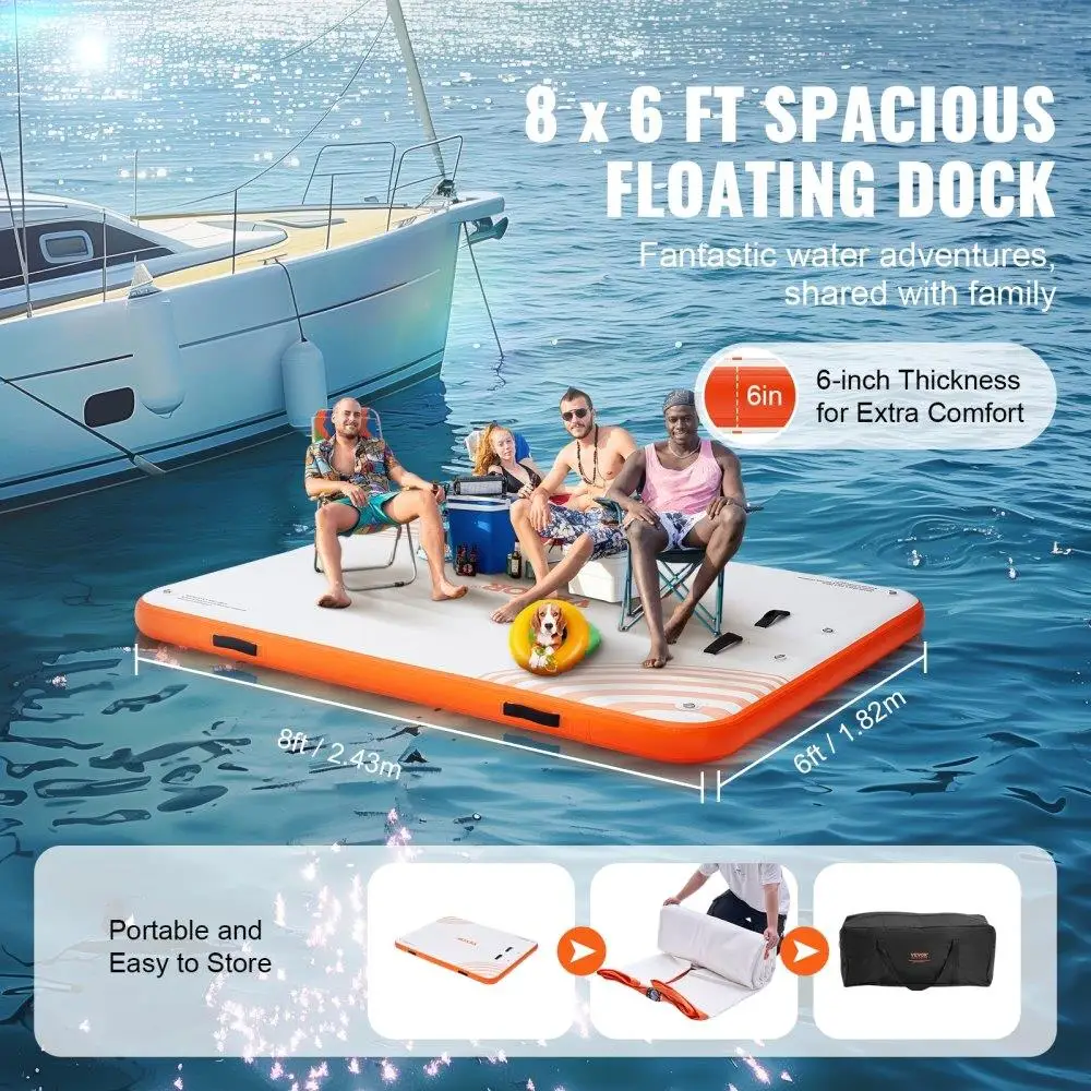 Floating Platform for ocean Pool Beach, 8x6FT Inflatable Dock with Non-Slip Surface, Detachable Ladder & Portable Design