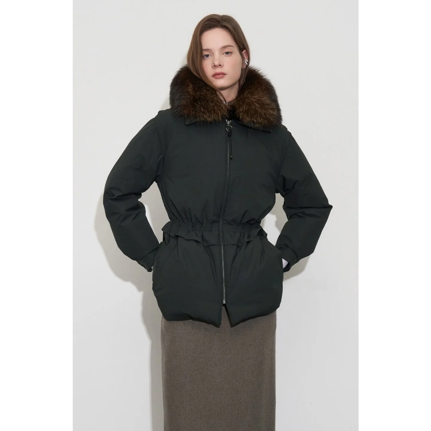 QPP 프리미엄 구스다운 재킷 신축성 있는 허리밴드 탈부착 가능한 퍼 칼라 캐주얼 루즈핏 롱 코트