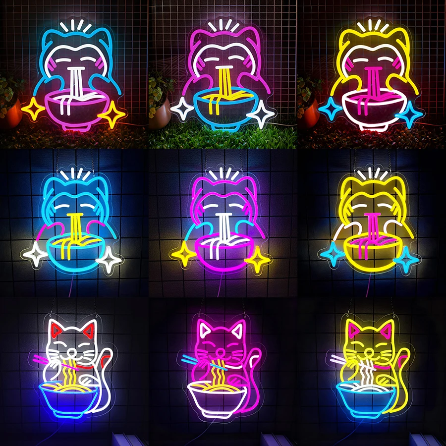 

Неоновая вывеска Cat Ramen, японский кот, светодиодные фонари для декора стен, световая вывеска с питанием от USB для спальни, бара, игровой комнаты, подарок на день рождения