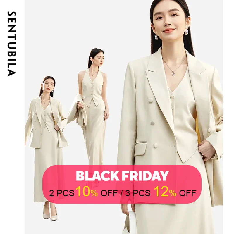 SENTUBILA 3 Piece Blazer Skirt Suit Women Work Office Outfit 2024 Autumn Elegant Waistcoat Maxi Skirt Matching Set 141Z52979