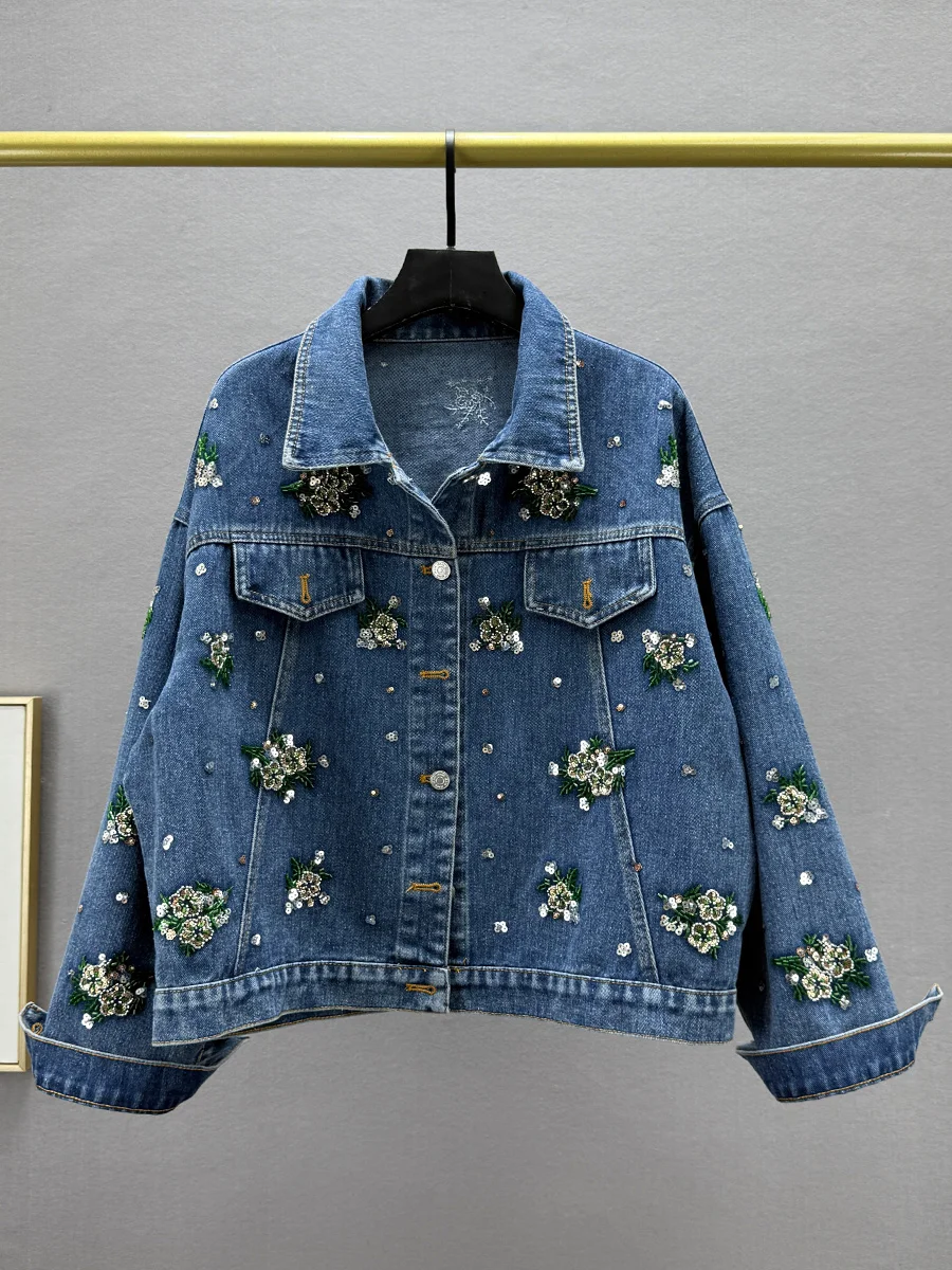 

Heavyweight Sequin Denim Jaet Women's Spring 2025 Loose Slimming Long Sve Collar Top Street Sle Cotton Polyester ...