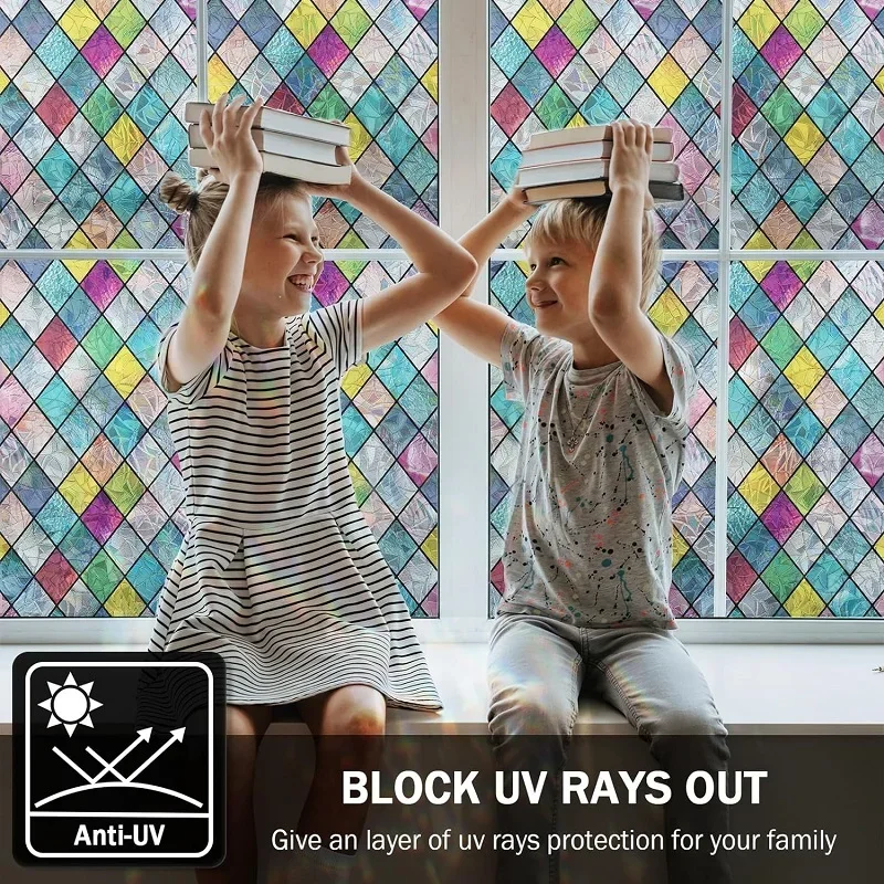 Stained Glass Window Film, Window Privacy Films, Colorful Lattice Window Tint, Rainbow Glass Decals for Home Anti UV 50 x 100 cm