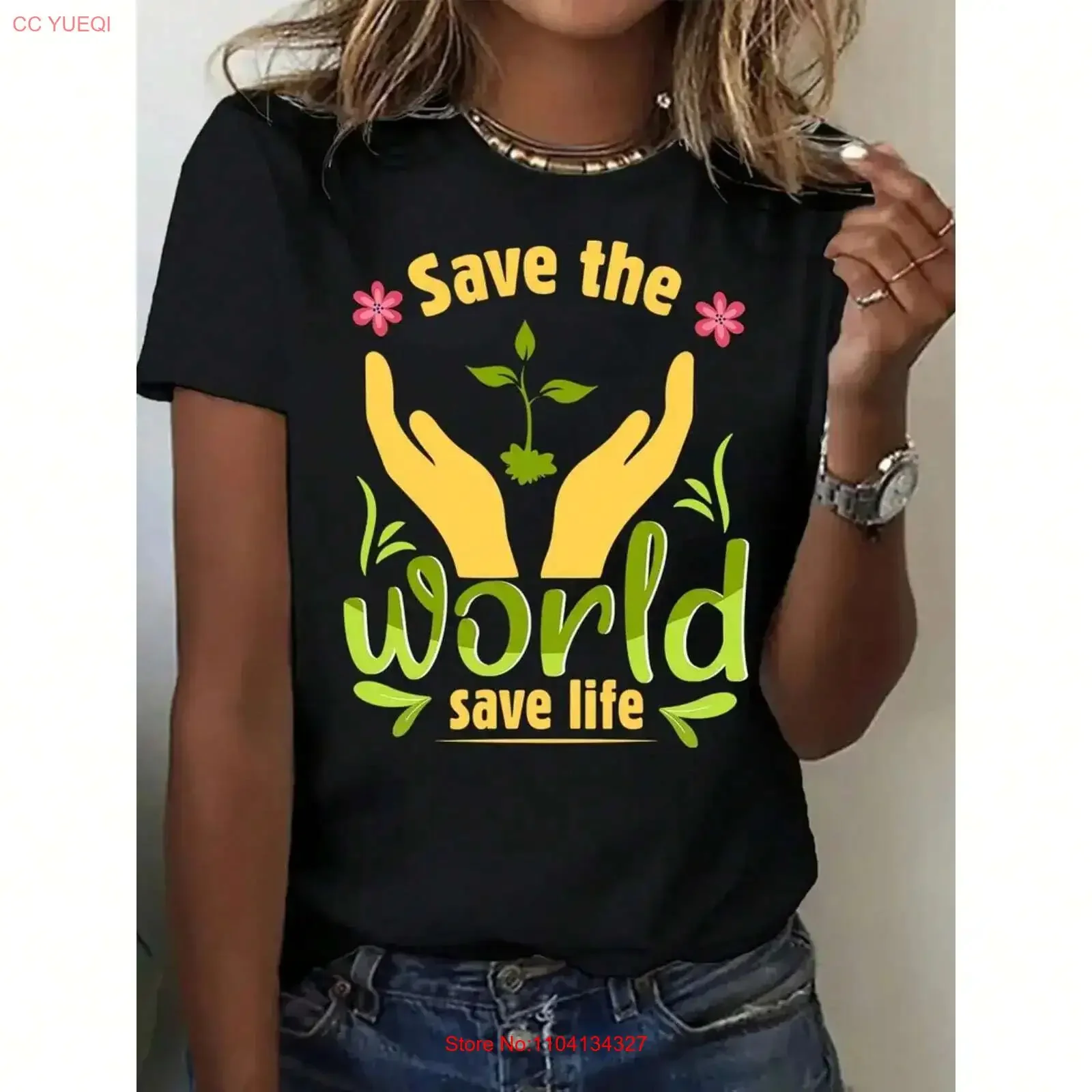 Women's Save The World Letter Colored Earth and Hand Print Flower T shirt vintage Washed Casual Stylish Top For Everyday Wear