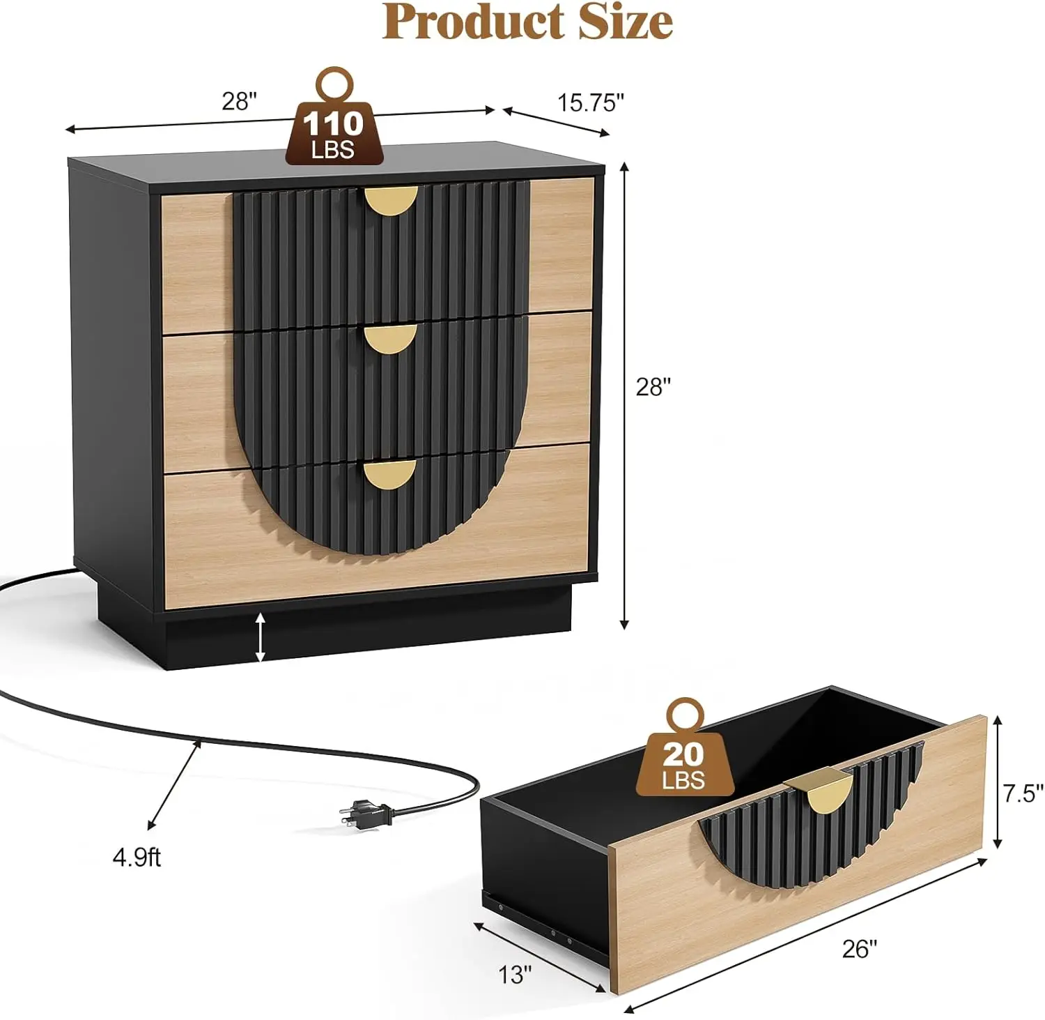 3 Drawer Nightstand with Charging Station, 28