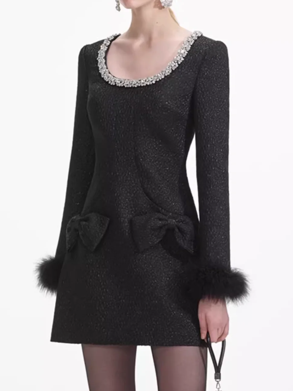 

Feather Cuffs Women Black Mini Dress 2025 New Rhinestone Spliced O-Neck Long Sleeve Bow Decoration Party Ladies Short Robe