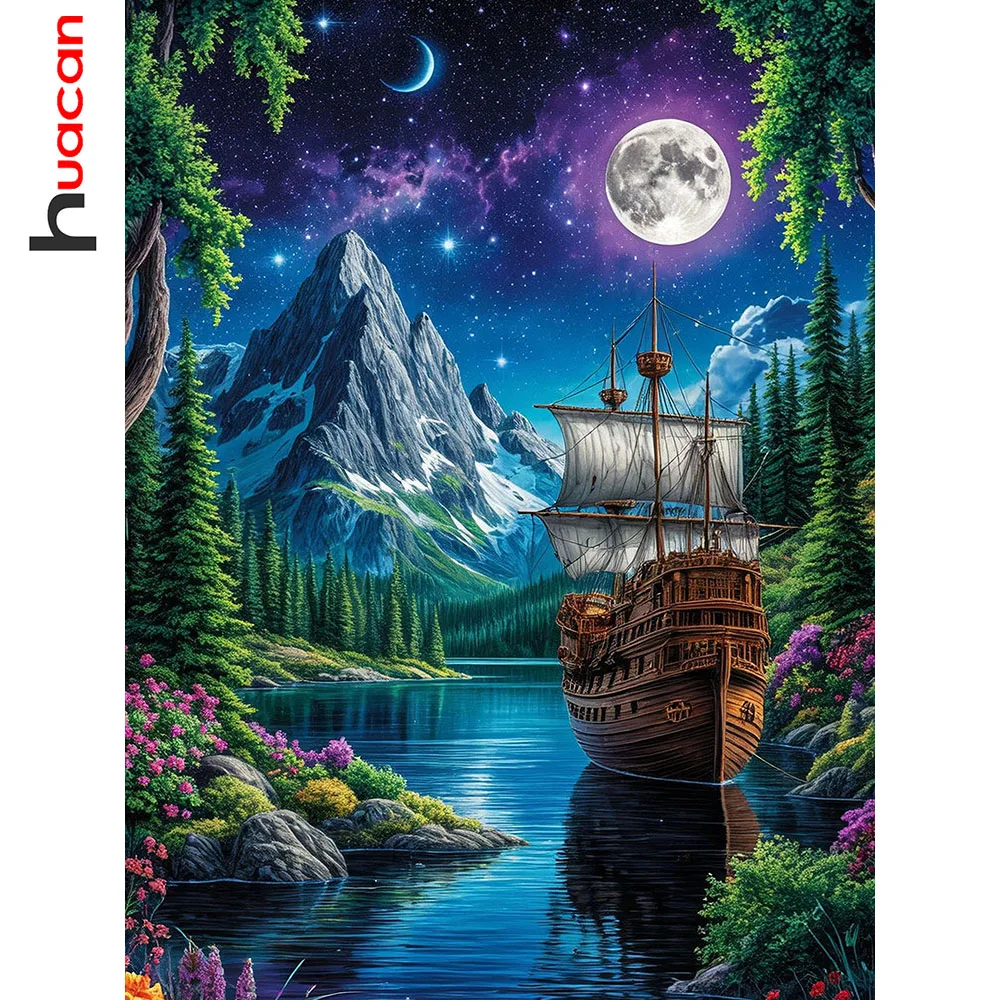 Huacan Vollständiges Diamant-Gemälde, Mond, Berg, Segelboot, Diamant-Mosaik, Landschaft, komplettes Set, handgefertigtes Geschenk
