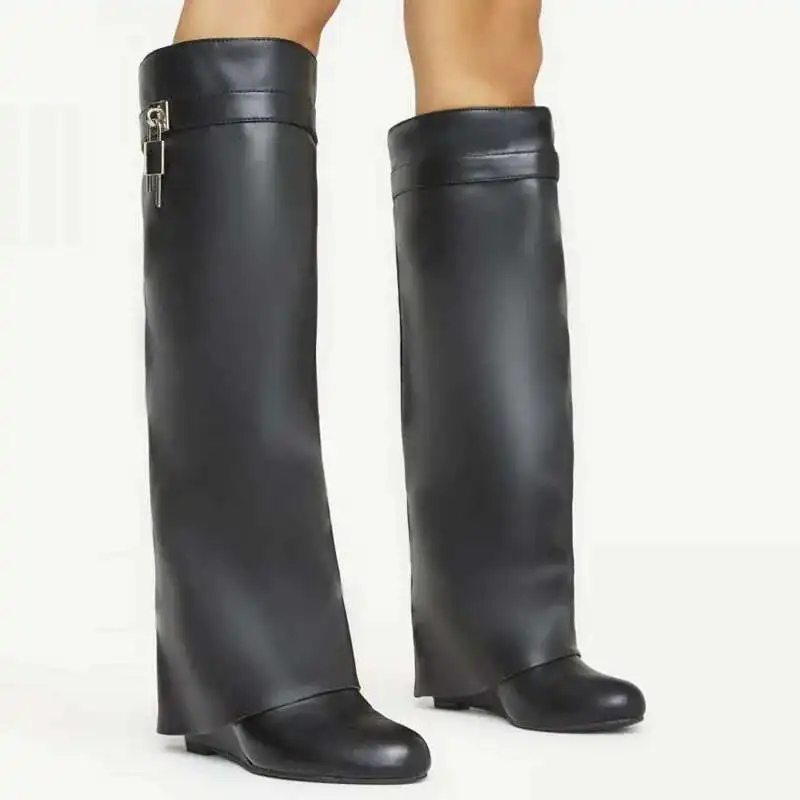 Botas hasta la rodilla con tacón de pantorrilla ancha y hebilla de Metal para mujer, zapatos de cuña para mujer, botas de vaquero con cremallera de