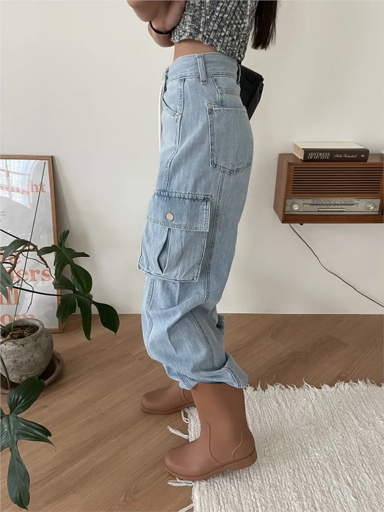 Jeans Herbst hohe Taille Hose Frauen lässig lose koreanische Stil plissierte Damen weites Bein Hosen Mode Frau lange Cargo hose