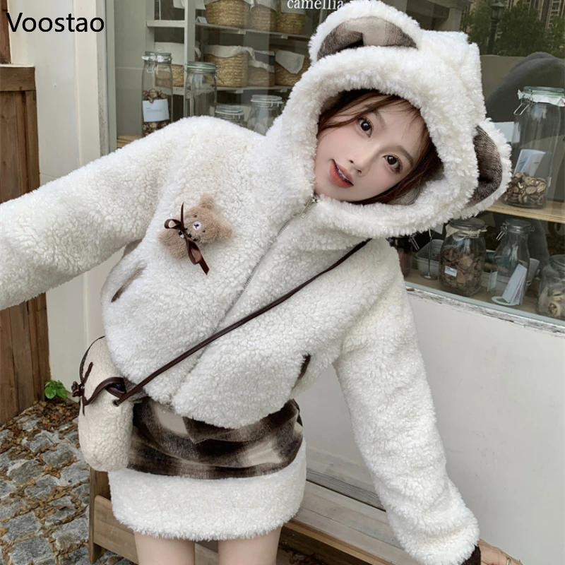 Autumn Winter Lolita Skirt Sets Women Sweet Cartoon Bear Ears Hooded Lambswool Short Jacket Mini Plaid Skirt Female 2 Piece Set