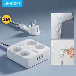LENCENT 가정용 스위치 포함 EU 플러그 멀티탭, AC 4 개, USB 3 개, C타입 1 개, 3M 편조 케이블 700J 서지 보호 소켓