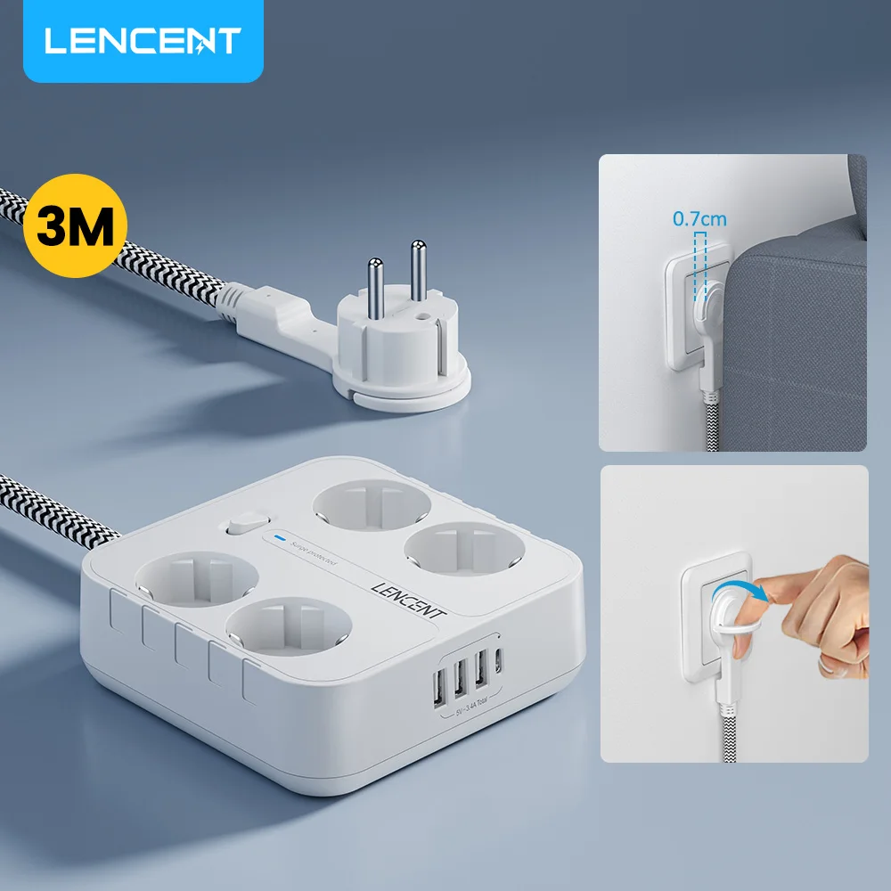 LENCENT EU Plug Power Strip  with 4 AC + 3 USB + 1 Type C 3M Braided Cable 700J Surge Protection Socket with Switch for Home