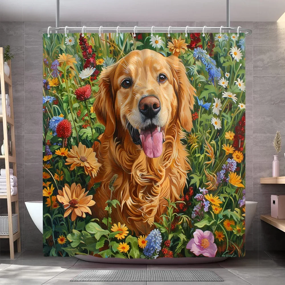 Funny Dog Shower Curtain Popular Cute Pet Oil Painting Art Creation Polyester Fabric Shower Curtains Bathroom Decor With Hooks