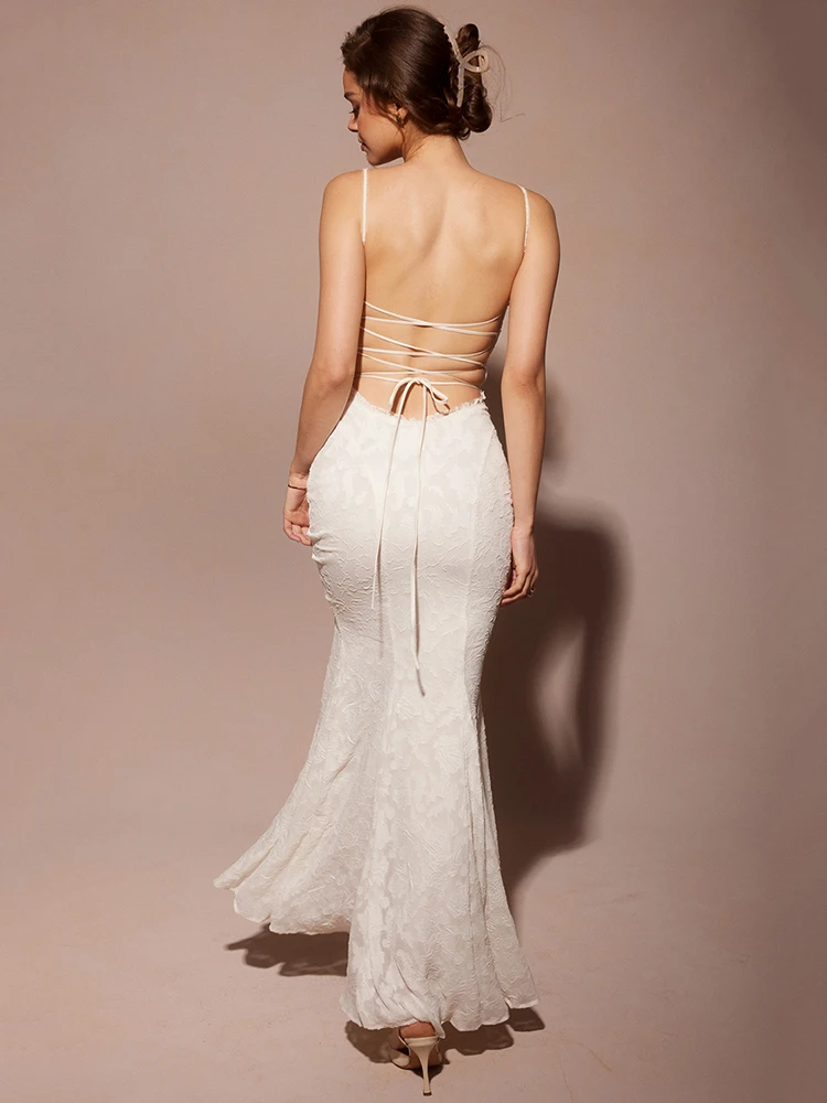 Mozision White Backless Lace-up Sexy Maxi Dress For Women Gown Summer New Spaghetti Strap Sleeveless Bodycon Party Long Dress