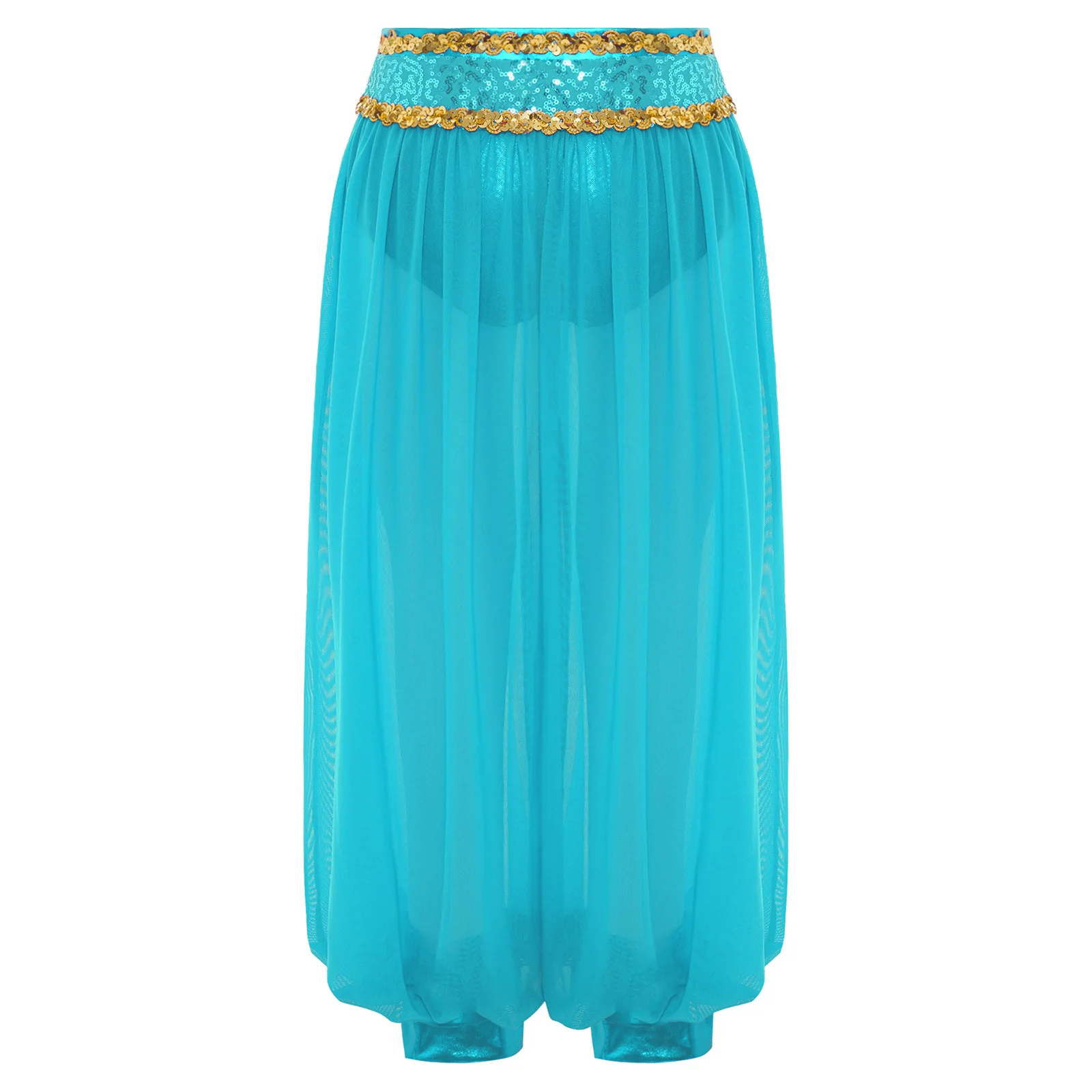 Pantaloni da danza del ventre per ragazze per bambini Paillettes scintillanti Cintura con cerniera laterale Bloomers in rete trasparente Festa a tema Halloween Abbigliamento da ballo indiano