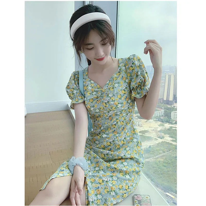 Francês retro quadrado pescoço chá resto saia chiffon floral doce vestido 2025 primavera