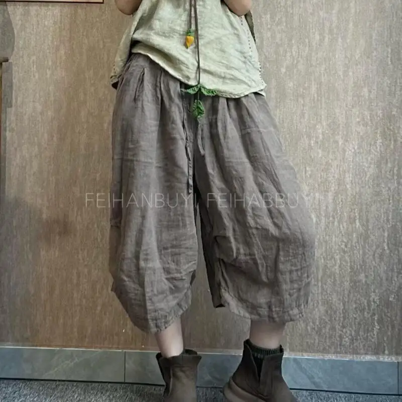 Summer Arts Style Women Elastic Waist Loose Casual Calf-length Pants Vintage Pleated Solid Linen Capris Harem Pants High Quality