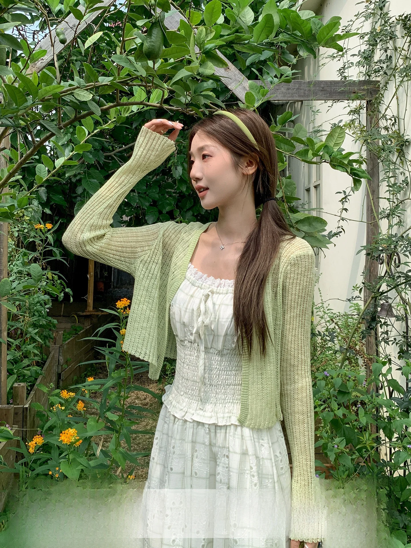 Green Short Knitted Open Cardigan Heavy Embroidery Strap Dress Women's Fashion Spring Outfit Casual Date Vacation Set