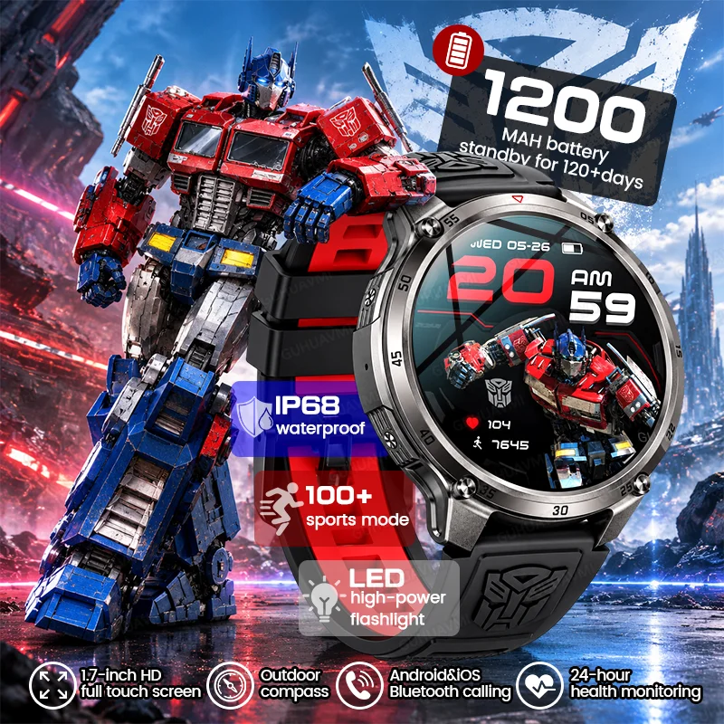 New Outdoor Men 1200mAh Big Battery Smart Watch Compass LED Flashlight IP68 Waterproof 1.7”HD Bluetooth Call Sport Smartwatches