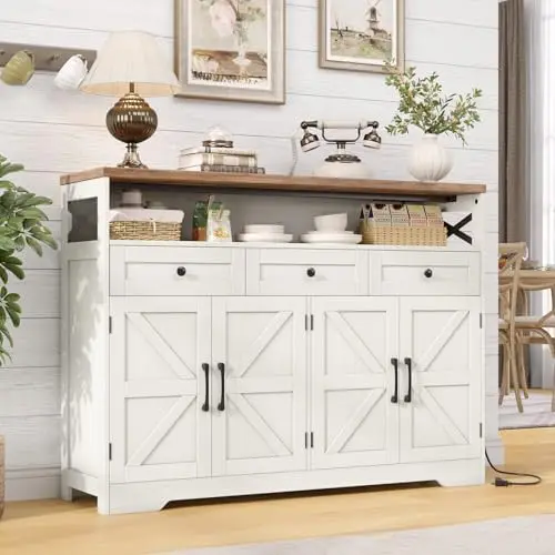 Farmhouse Sideboard Buffet Cabinet, Barn Doors Storage Cabinet | with Drawers and Open Shelf, 47.2'' Wood Coffee Bar