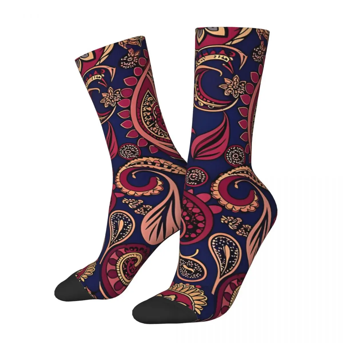 Retro Blue And Red Paisley Pattern, Flourish Pattern Canvas Print Men's compression Socks Unisex Harajuku Seamless Crew Sock