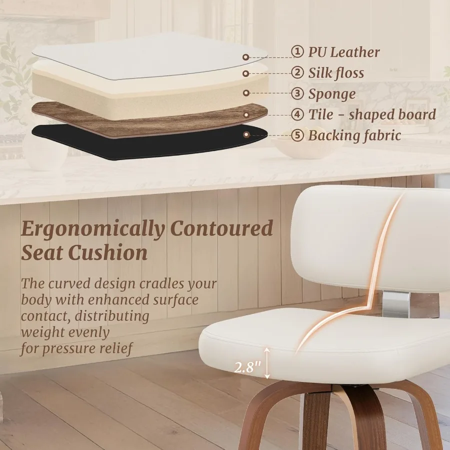 طقم كراسي بارتفاع دوار مكون من 2 26 مقعد منجد للبار مع أرجل خشب الجوز الخلفي من جلد البولي يوريثان في منتصف القرن St #4