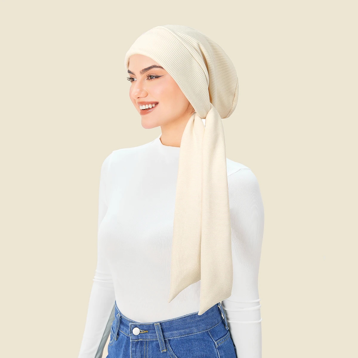 العصرية شريط طويل الذيل حزام الحجاب عمامة القبعات مسلم بلون أشرطة رأس لينة تمتد قبعة الكيماوي للنساء الفتيات