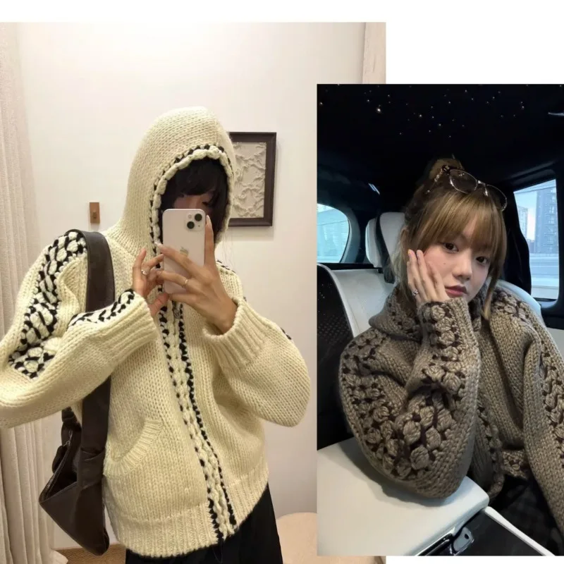 

Ope@ Handmade Hook Edge Cardigan Women's 50% Wool Korean Hooded Sweater Jacket Loose 2025