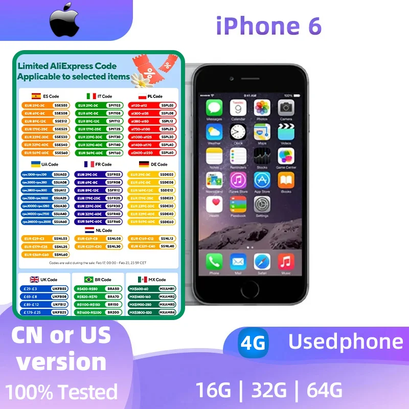 هاتف Apple iPhone 6 غير مقفول ثنائي النواة 4.7 بوصة IOS 16/64/128GB ROM 1.4 جيجا هرتز 8MP 3G 4G LTE هاتف محمول مستعمل ببصمة الإصبع