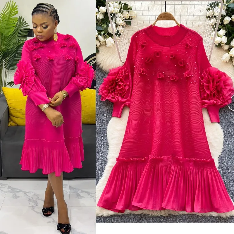 Abito plissettato Miyake da donna africana Fiore stereo Allentato di grandi dimensioni Temperamento elastico Abito lungo Medio Oriente Senza rughe