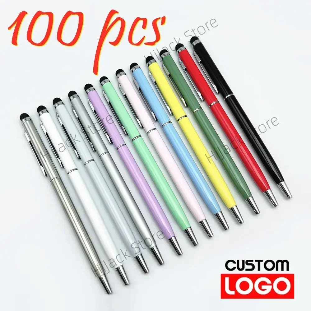 100 Pcs 13-color Metal 2-in-1 Stylus Universal Ballpoint Pen Custom Logo Text Engraving Office School Advertising Pen Wholesale