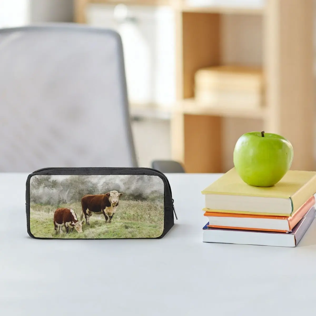 Estojos de lápis com fotografia em aquarela de touros e vacas de Hereford para estudantes, caixa de canetas escolar, bolsa de lápis, porta-canetas