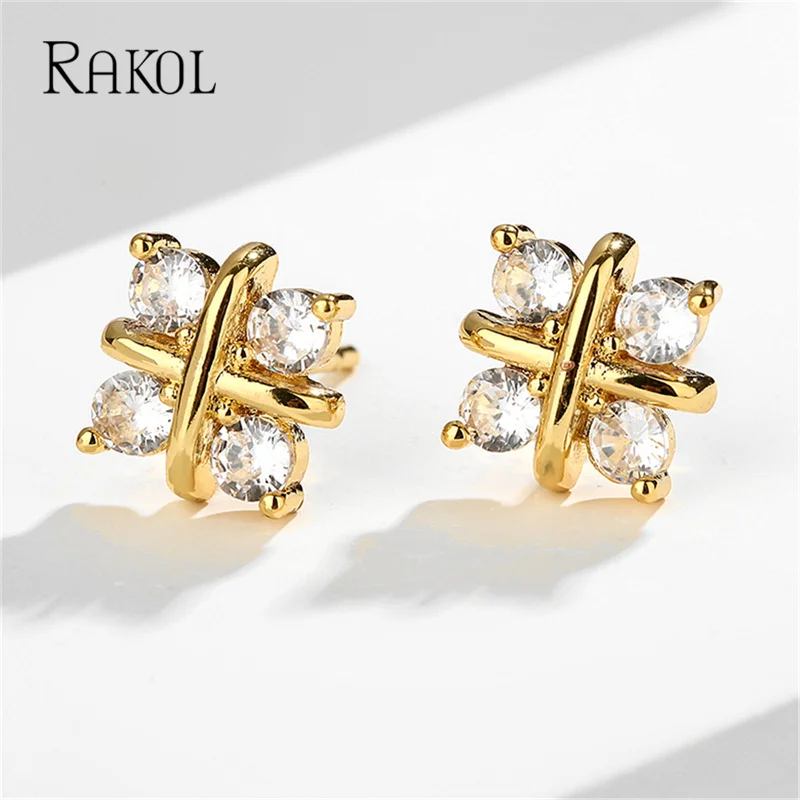 RAKOL Cute Female Small Round Zircon Stud Earrings Classic Gold Color Wedding Jewelry Charm Geometric Triangle Crystal Earing