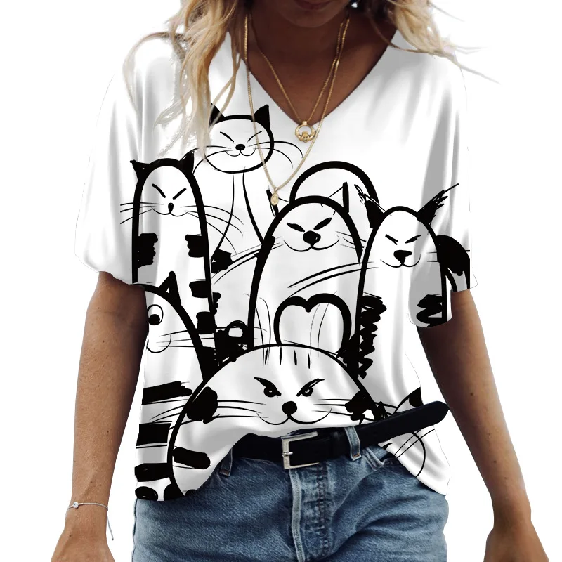 

3d V Neck Women's T-shirts Cute Cats Graphics Print Short Sleeve Summer Kawaii Fashion Casual Tee Shirts Funny Female Clothes