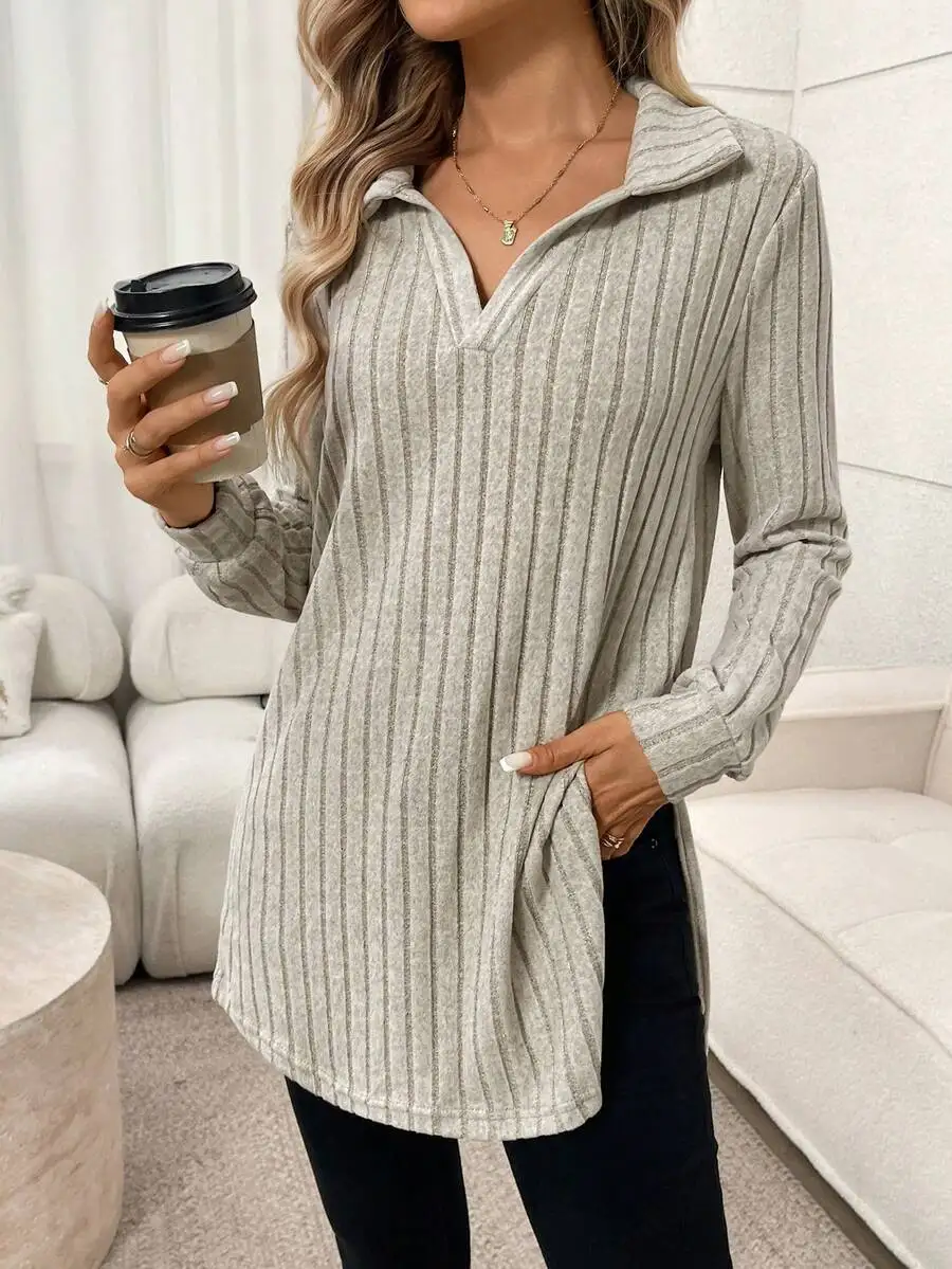 

Women's Ribbed Knit Long Sleeve Tunic Top with Collar, Autumn Winter Casual Wear