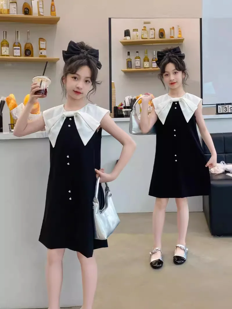 Girls Summer New Black Clothing Summer Girl Dress With Big Bow Collar Children Aged 5 6 8 7 9 10 11 12 13 14 15 16 17 18 Years