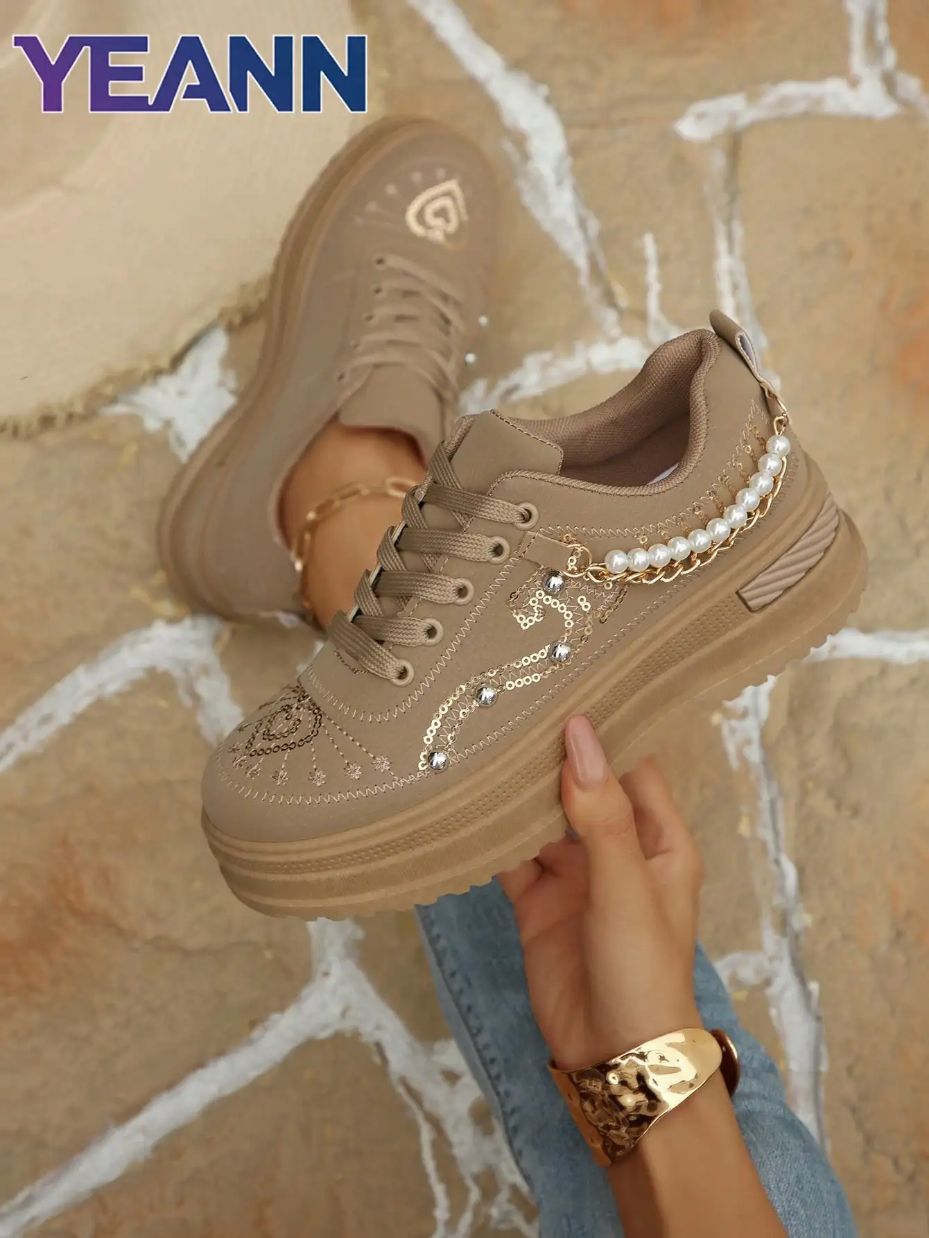 1 Pair New Women's Pink Thick Sole Round Toe Cute Comfortable Casual Sneakers, Embroidered Upper With Faux Pearl Chain Decoration, Sizes 36-41 Available (Runs Small By One Size)