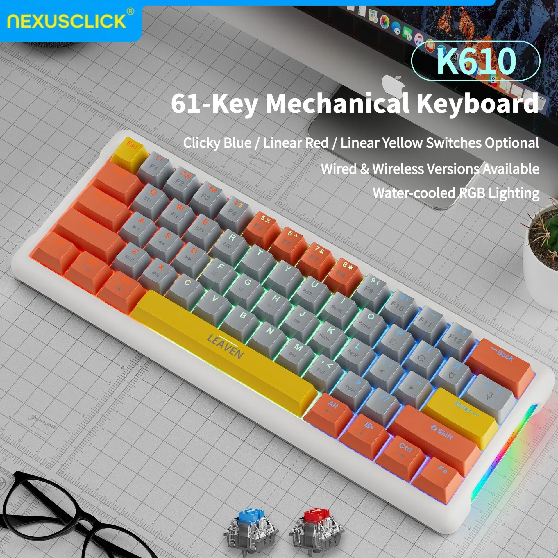 NexusClick Stylish Portable 60% Mechanical Keyboard,61 Keys Red Switch,Hot Swappable RGB Backlit Esports Gaming Keyboard for Mac