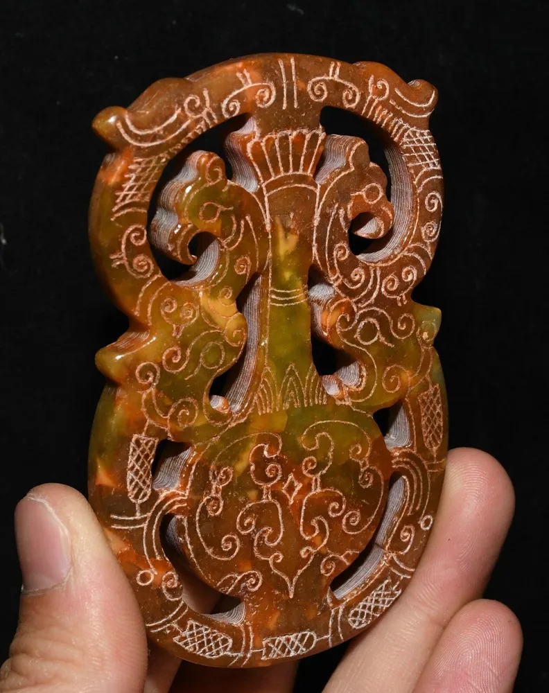 Chinese old jade double dragon dragon beast face phoenix bird animal amulet pendant -