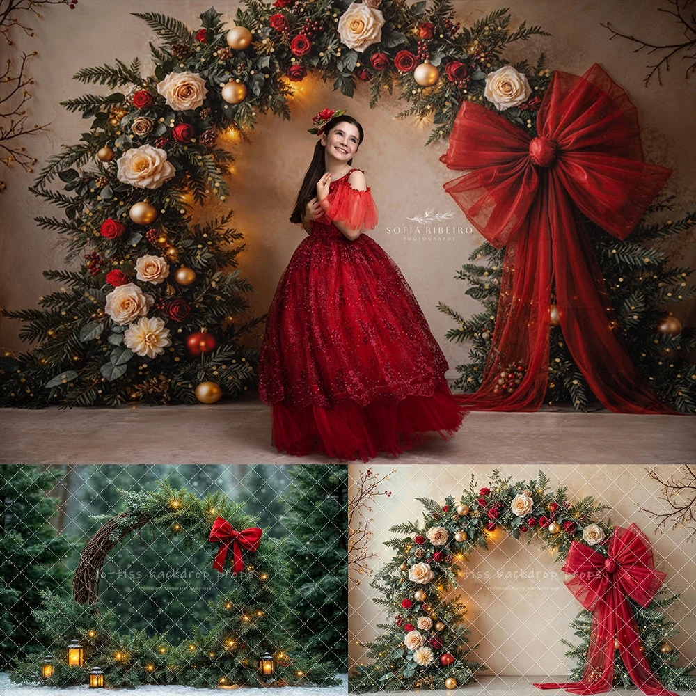 

Elegant Red Bow Arch Wall Backdrops Kids Family Photography Props Child Baby Photocall Winter Wreath Archway Backgrounds