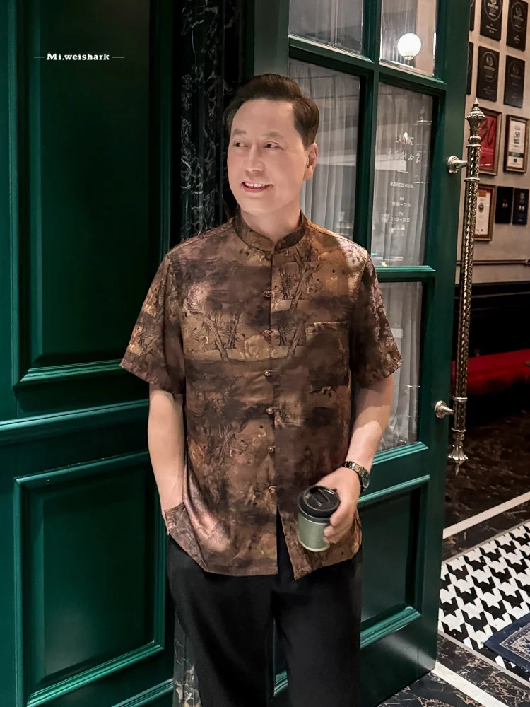 loose-short-sleeve-men's-shirt-new-chinese-style-dad-summer-clothing-linen-wind-men's-tang-suit-set-casual-floral-print-polye