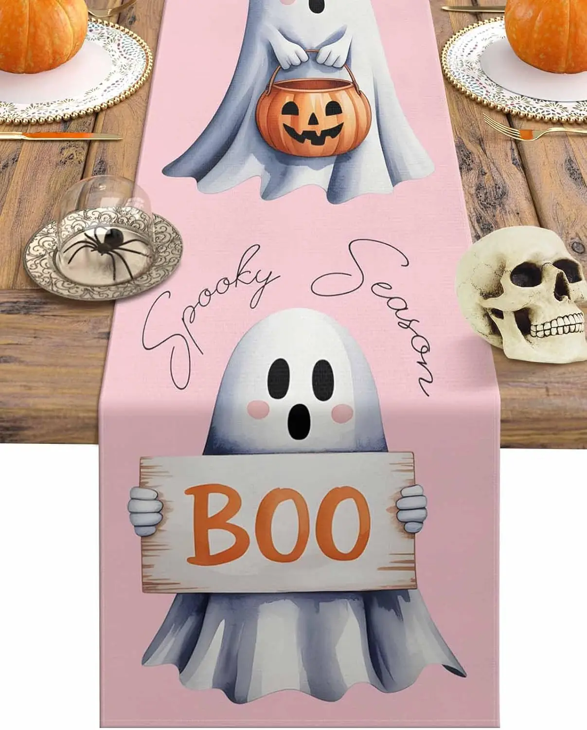 Halloween Ghost Linen Table Runner Home Decor Reusable Halloween Pink Boo Spooky Kitchen Dining Table Runners Halloween Decor