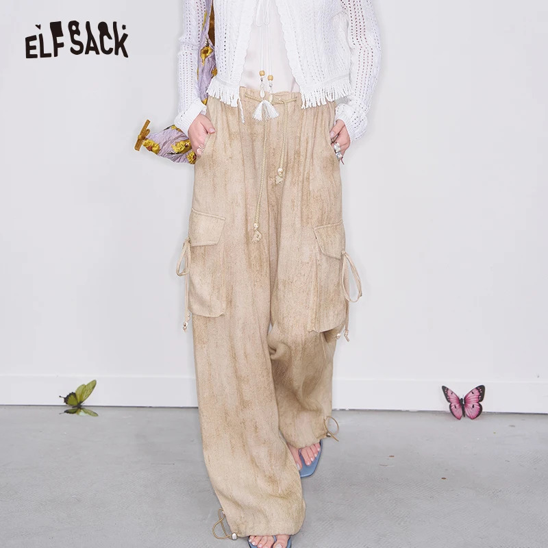 ELFSACK 2025 Spring New Arrivals Y2K Soft Loose Straight Pants Women Casual Elastic Waist Wide Leg Pants