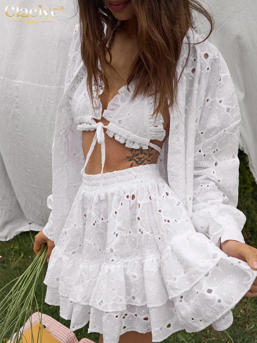 

Clacive Fashion Loose White Cotton Women's 3 Pieces Set Elegant Long Sleeve Shirt + Bra With High Waist Pleated Mini Skirt Set
