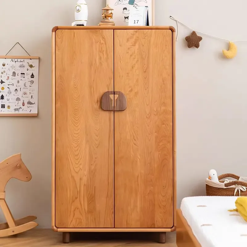 Nordic solid wood cherry wood children's bear wardrobe modern simple Japanese log bedroom furniture storage cabinet